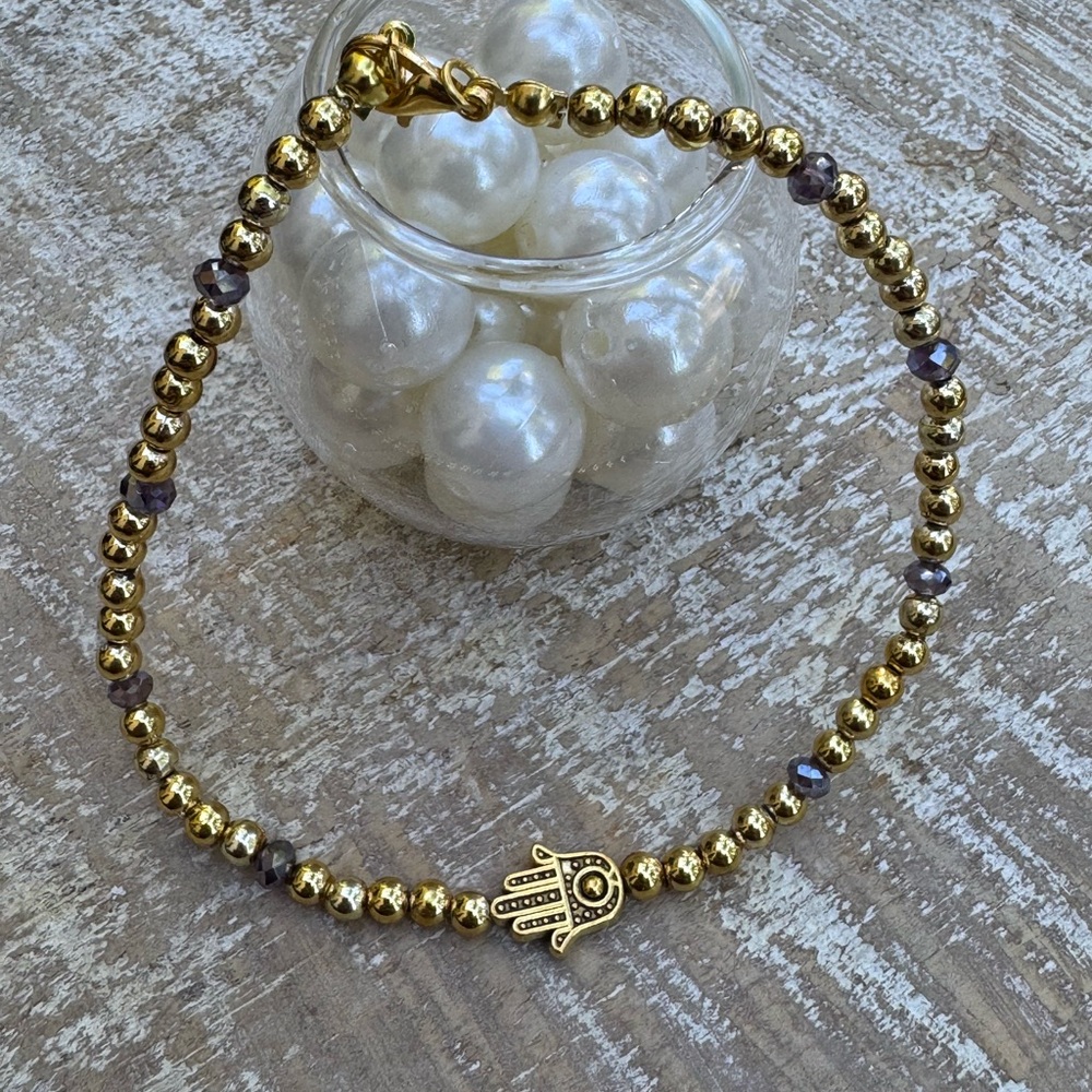 New Handmade Gold beaded & purple crystal Beaded Bracelet with Hamsa Charm